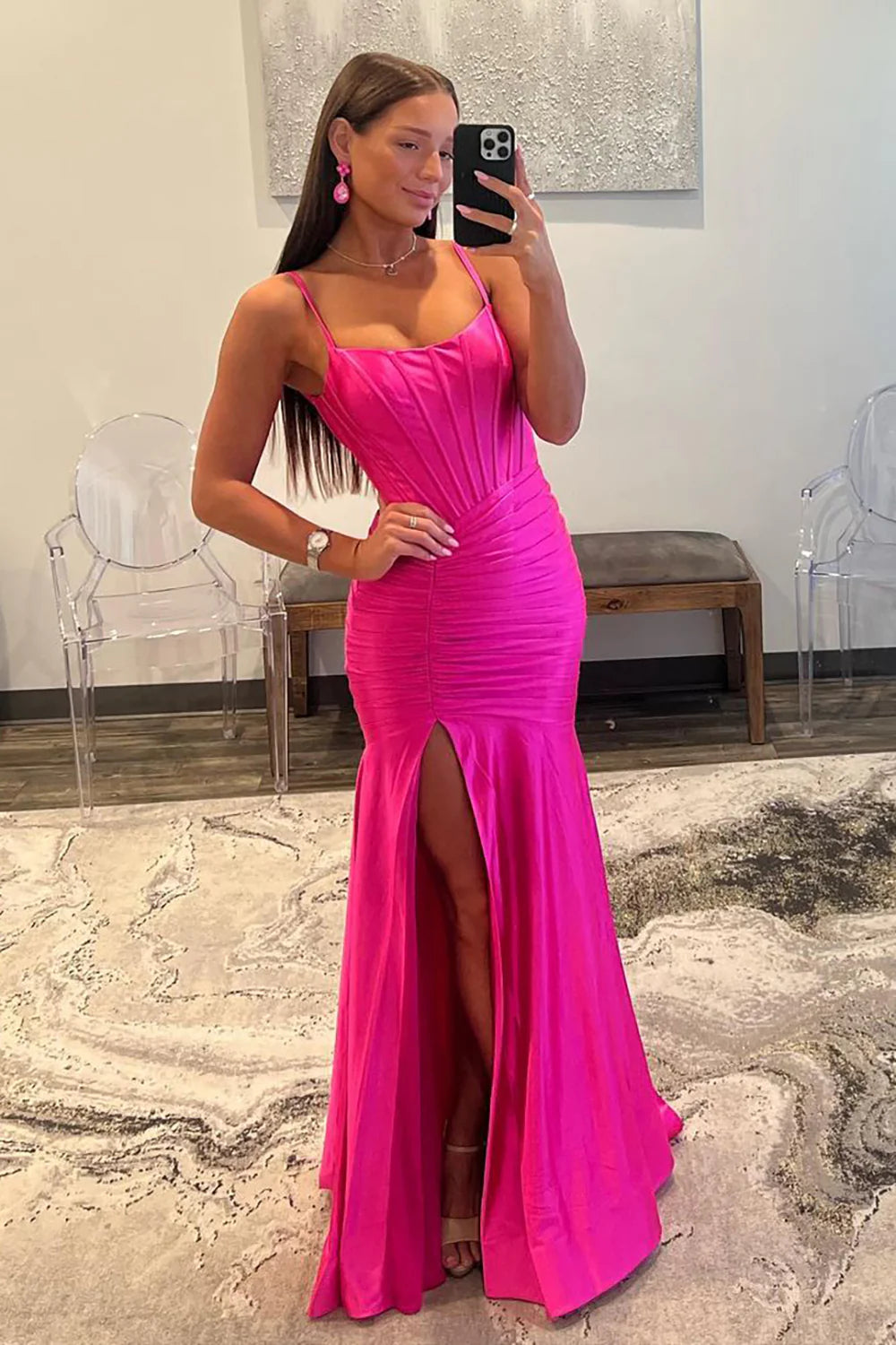 Hot Pink Spaghetti Straps Mermaid Long Satin Prom Dress
