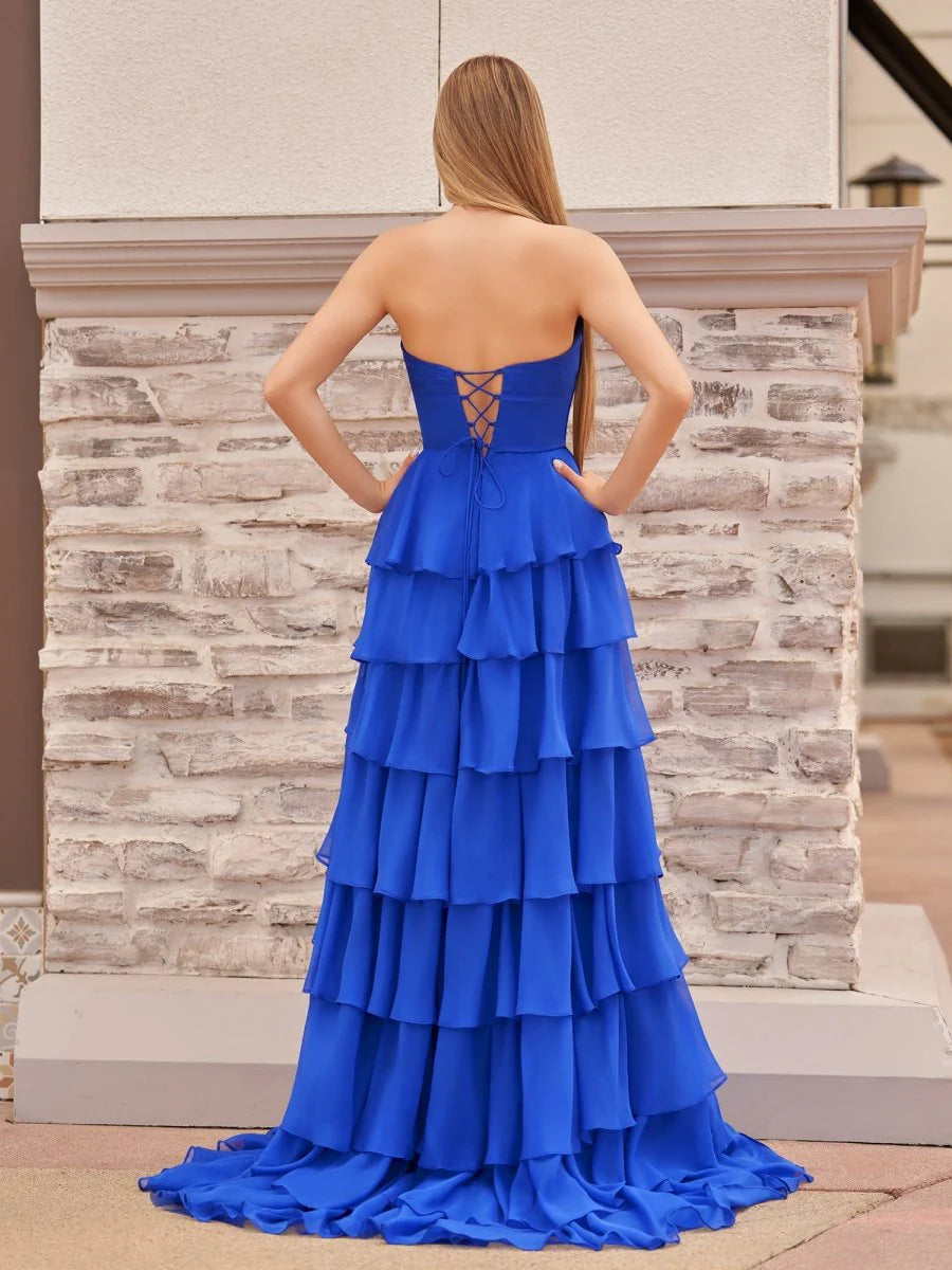 A-Line Strapless V-Neck Layered Chiffon Sleeveless Retract Your Waist Party Dress