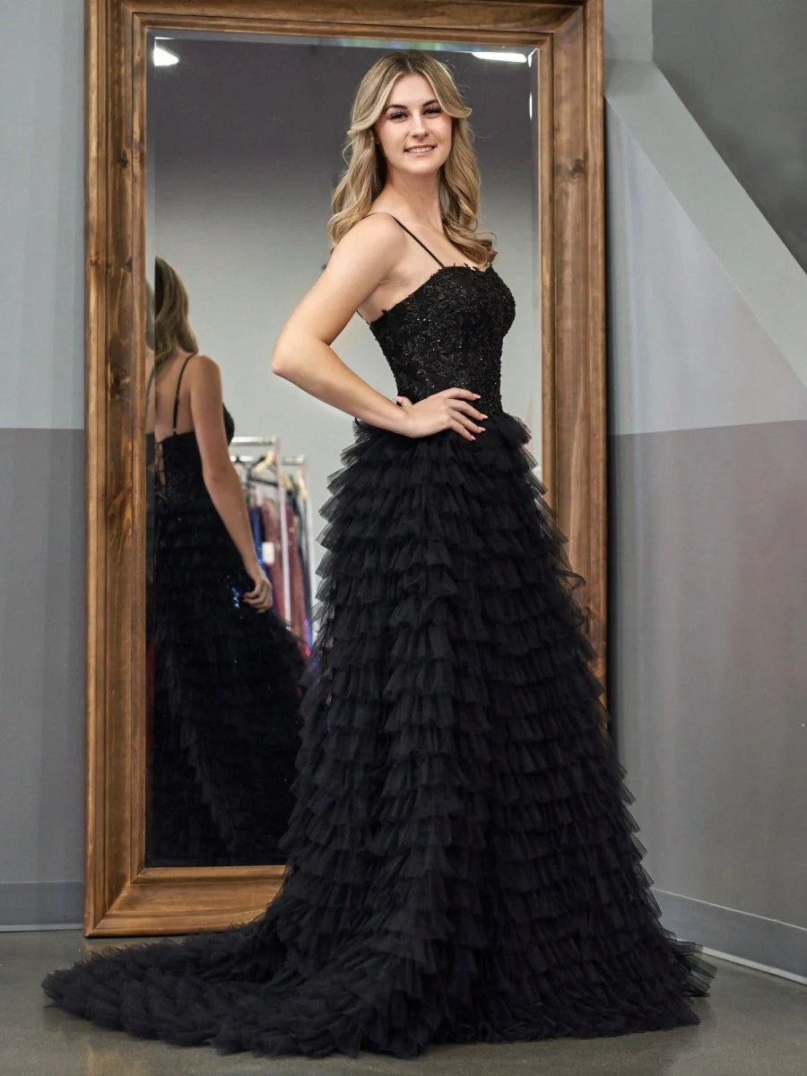 Black A-Line Tiered Sequins Tulle Long Full of charm Prom Dress