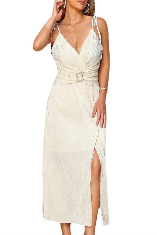 Beige Surplice Belted Long Dress with Slit