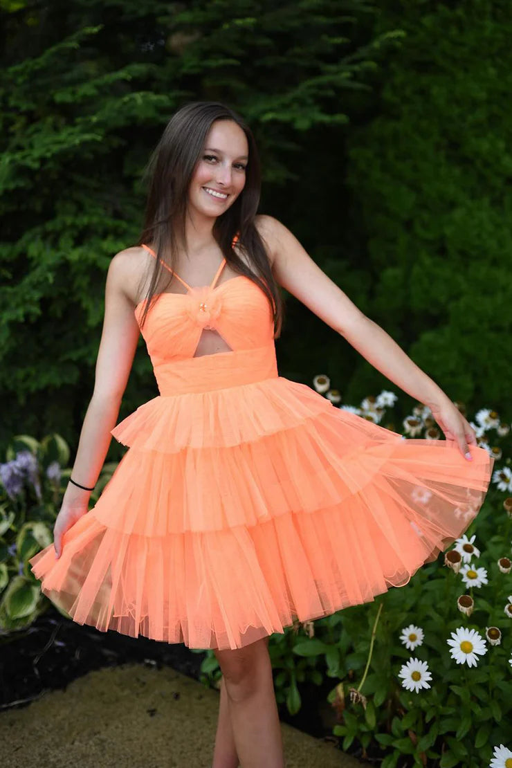 Cute A Line Straps Orange Tulle Short Homecoming Dresses