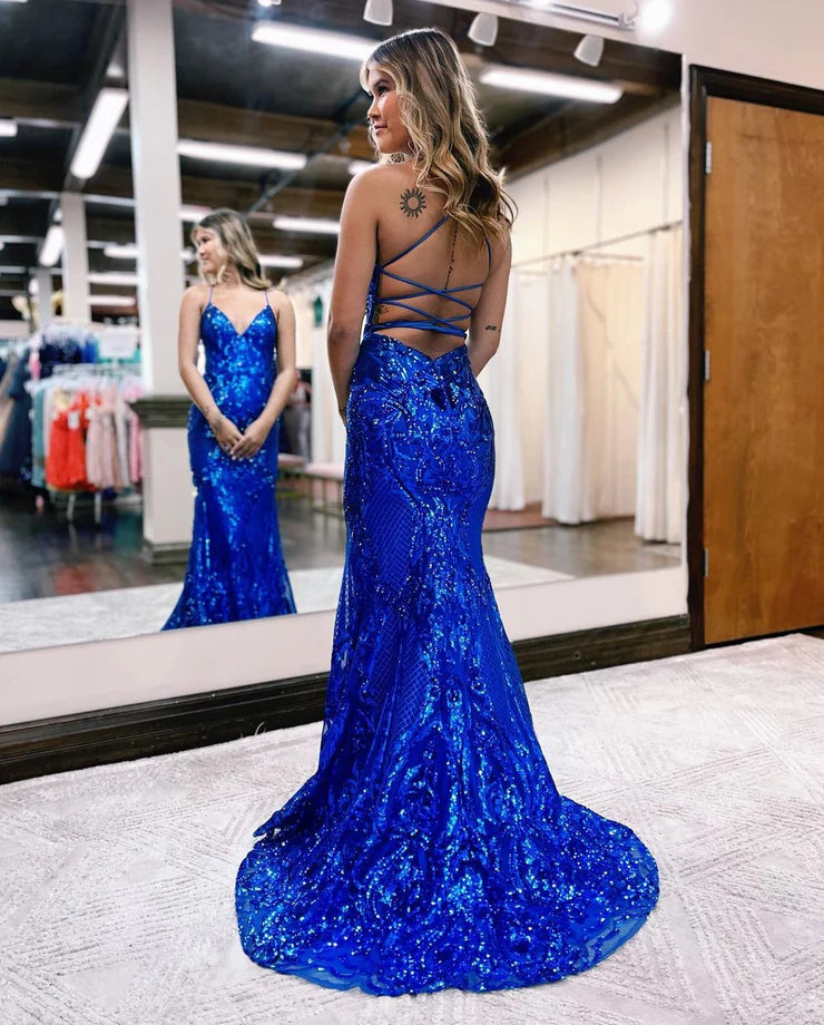 Charming Mermaid V Neck Royal Blue Sequins Long Full Of Charm Prom Dress