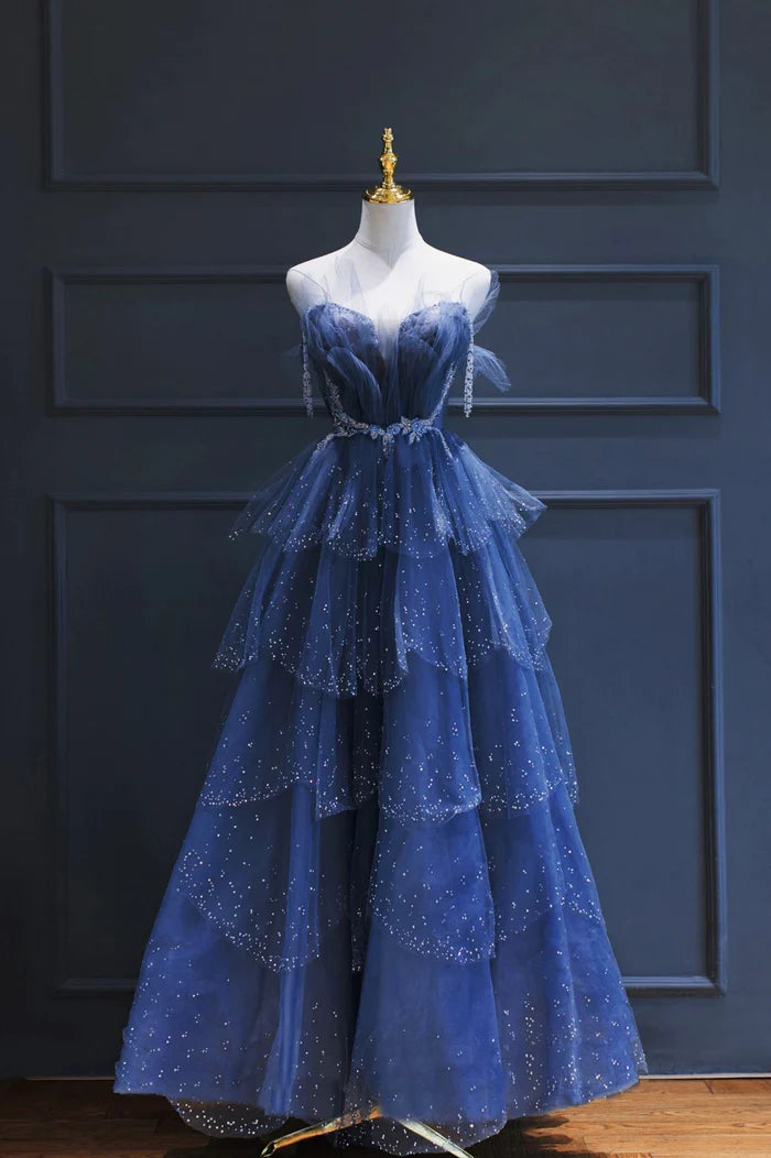 Blue Tulle Beaded Long Senior Unique Design Full Of Charm Party Dresses
