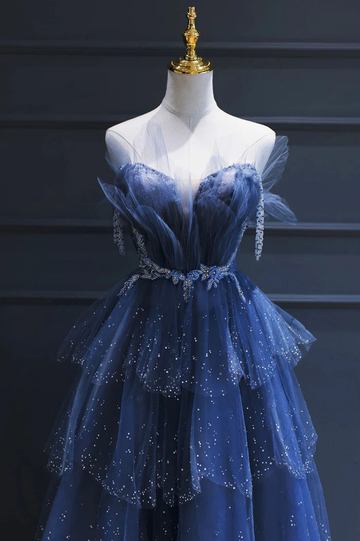 Blue Tulle Beaded Long Senior Unique Design Full Of Charm Party Dresses