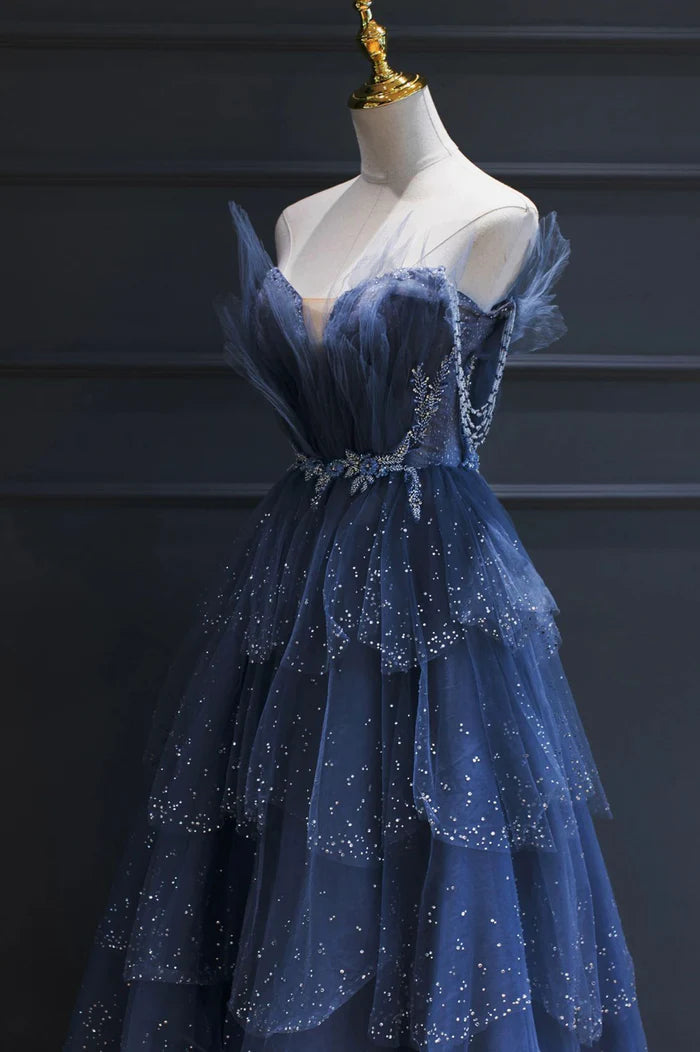 Blue Tulle Beaded Long Senior Unique Design Full Of Charm Party Dresses