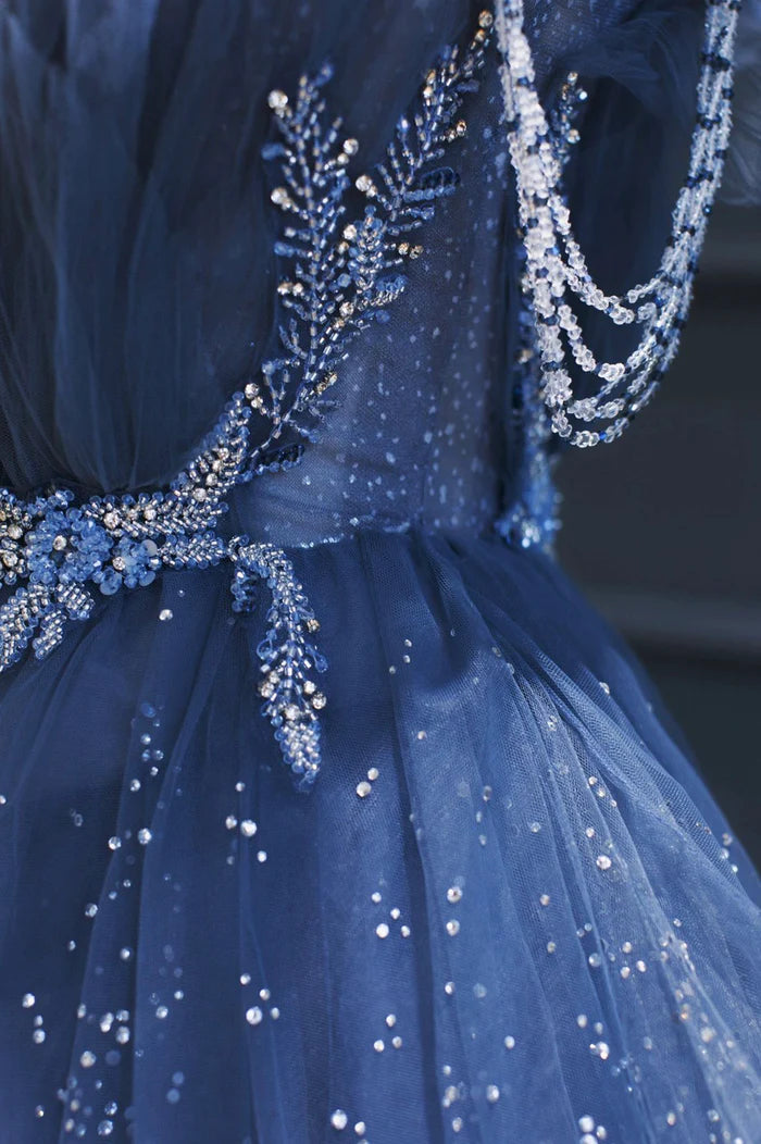Blue Tulle Beaded Long Senior Unique Design Full Of Charm Party Dresses