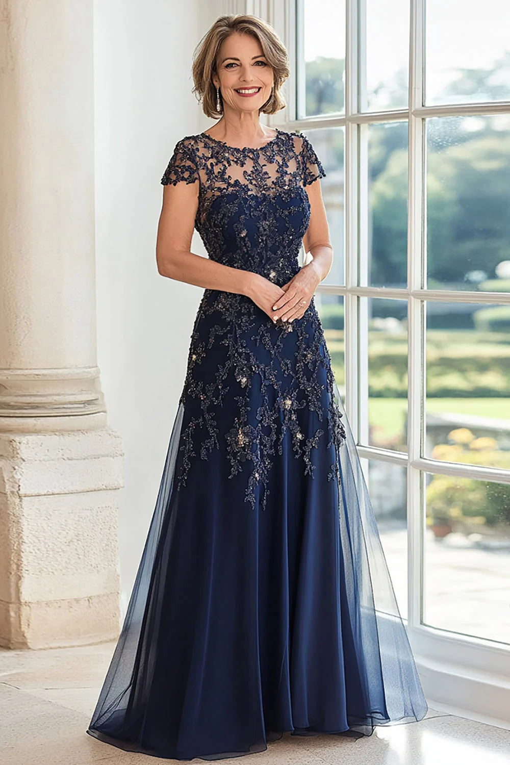 A Line Navy Scoop Neck Cap Sleeves Lace Full Of Charm Mother of Bride Dress