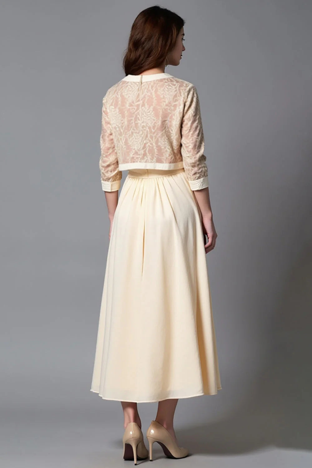 A Line Champagne Half Sleeve Tea-Length Mother of the Bride Dress