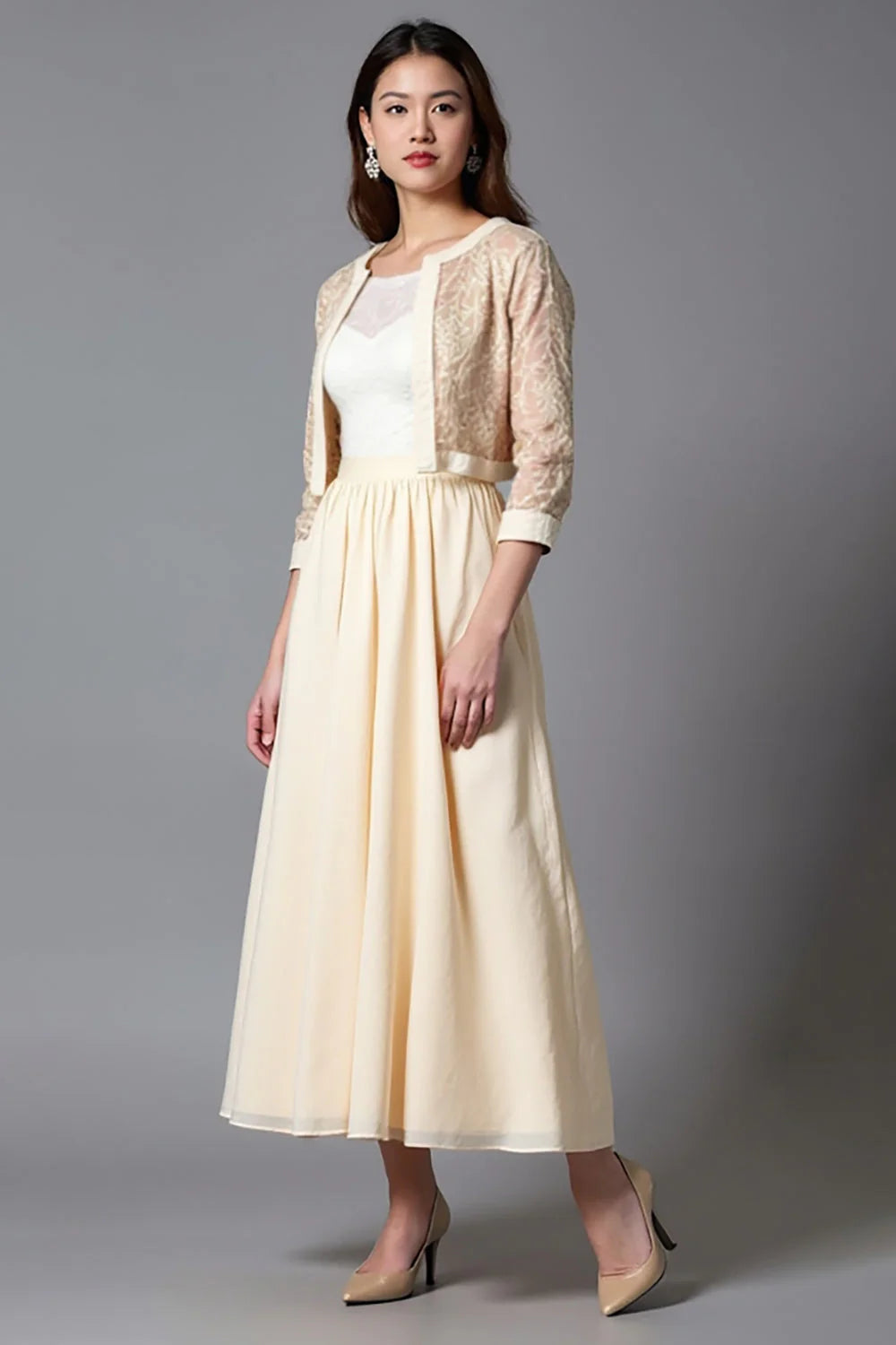 A Line Champagne Half Sleeve Tea-Length Mother of the Bride Dress