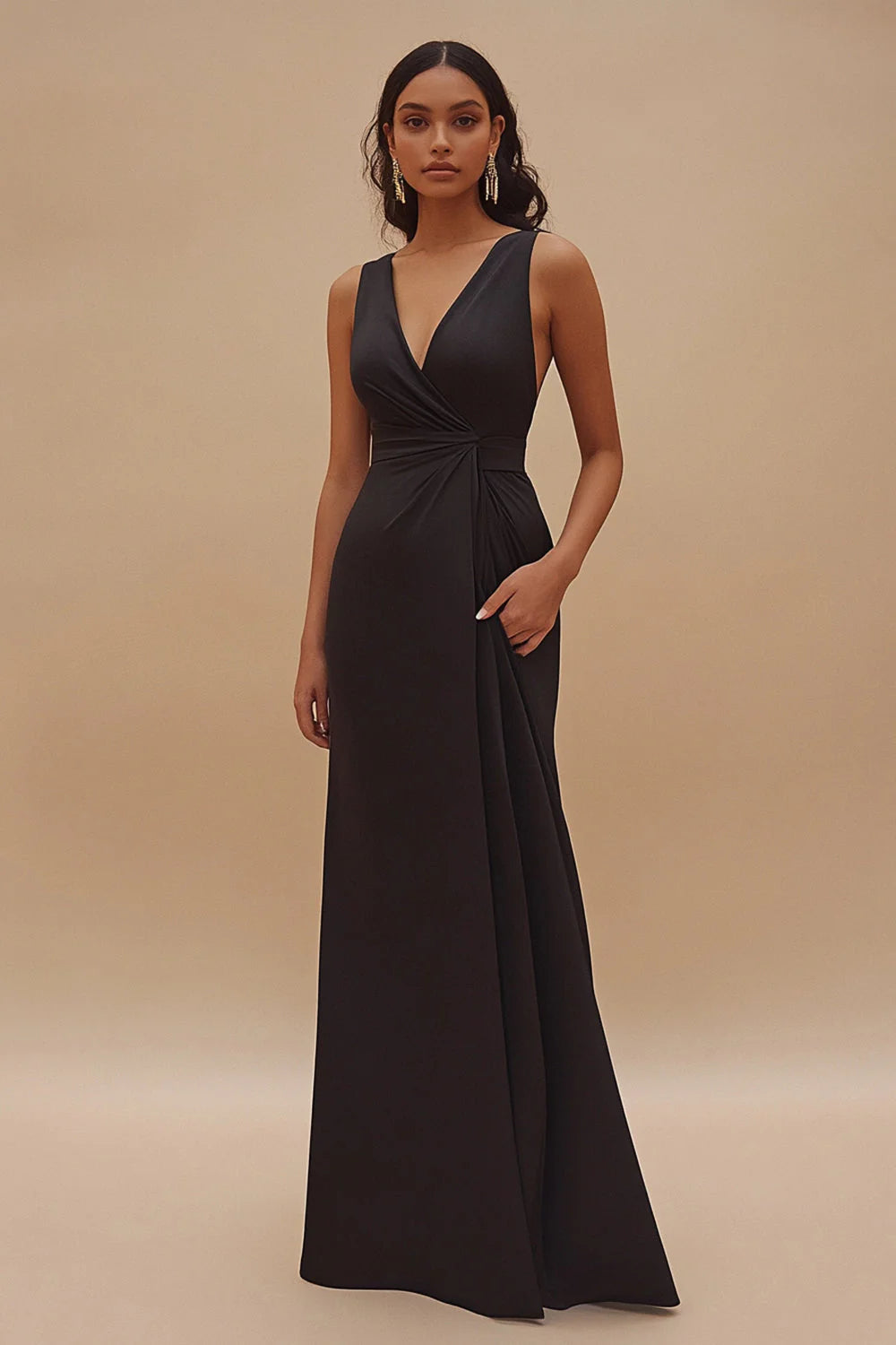 Satin V-Neck Sleeveless Long Satin Black Full Of Charm Evening Dresses