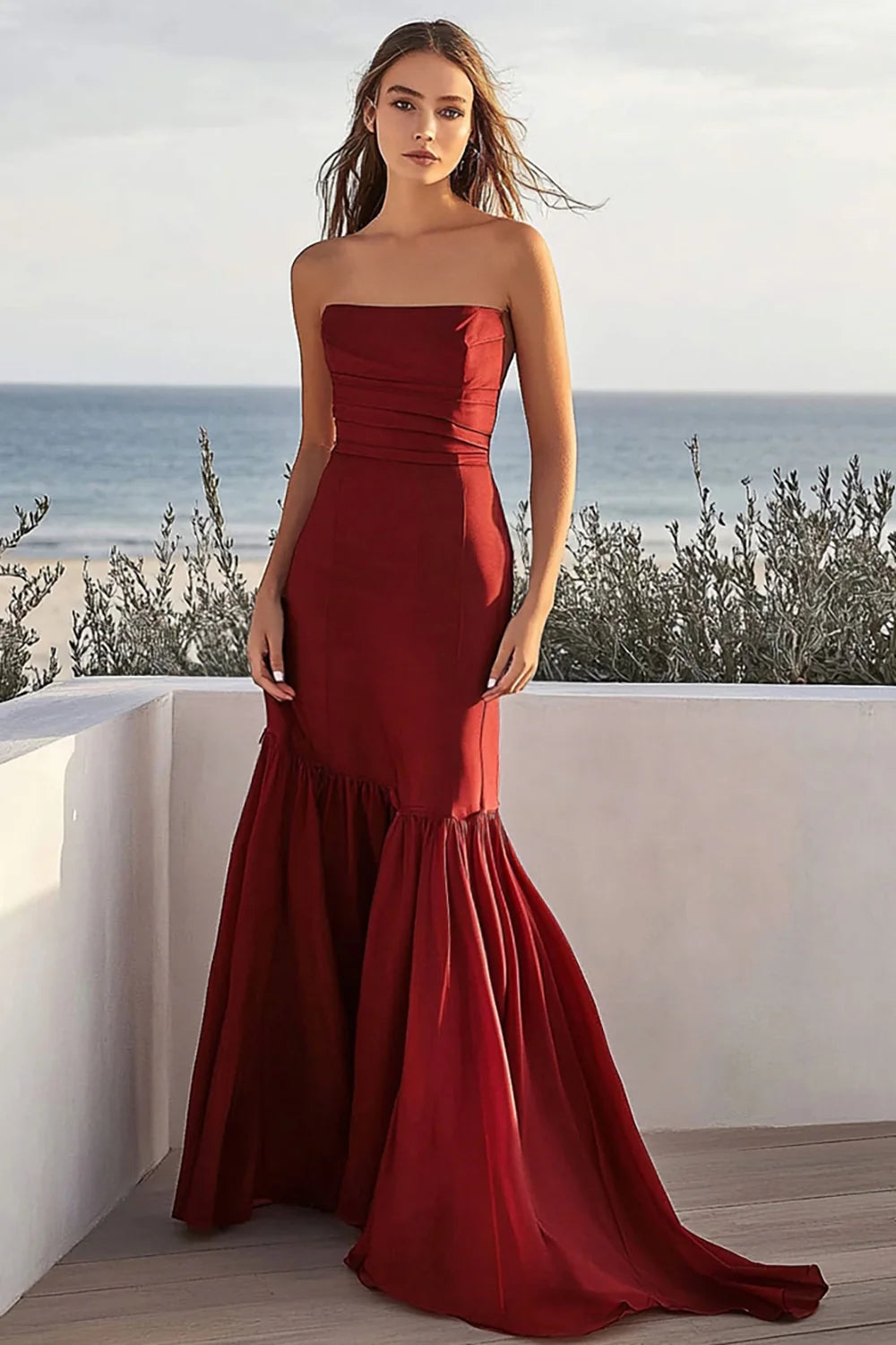 Burgundy Square Neck Long Satin Wedding Full Of Charm Evening Dresses