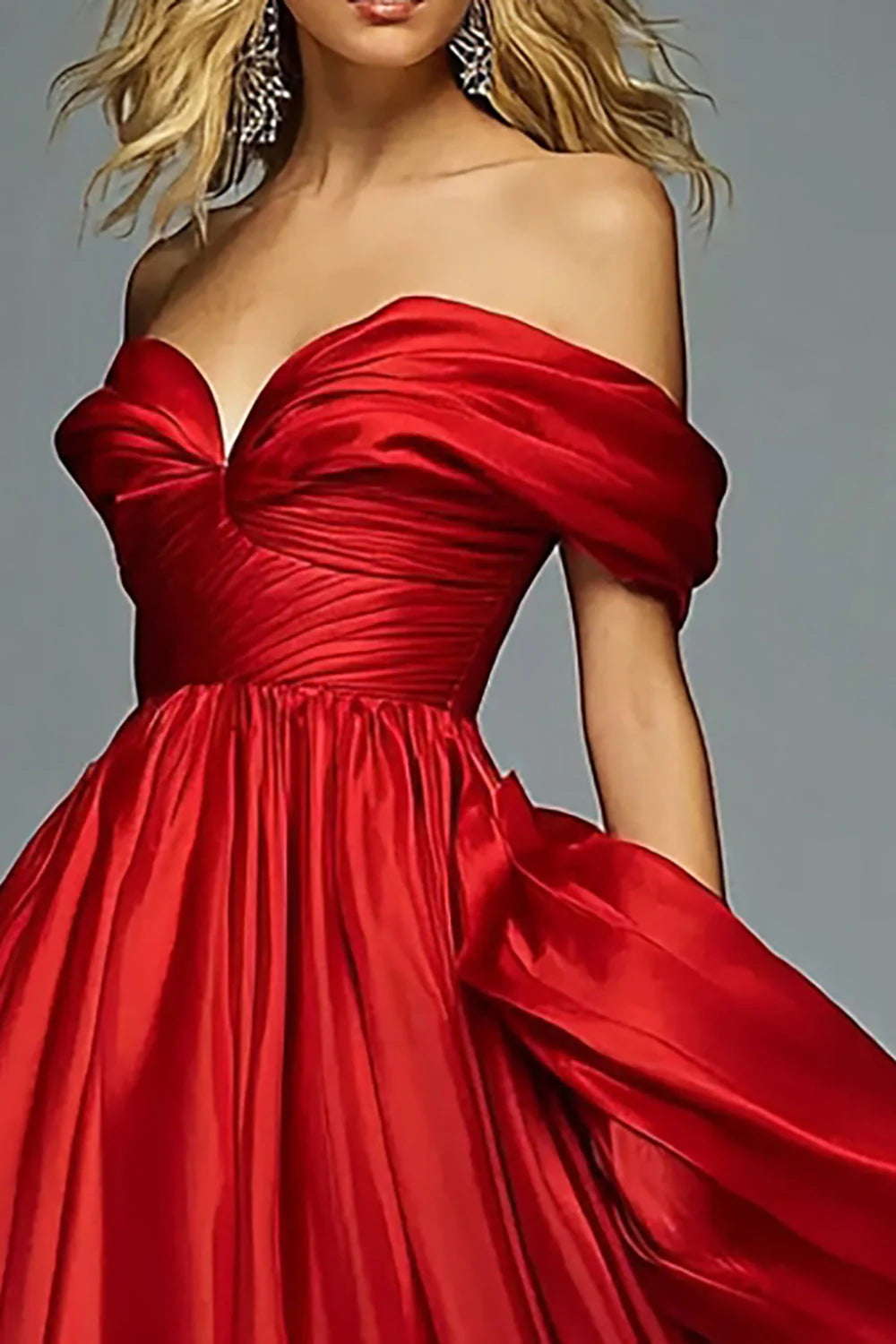 Red Satin A Line Off the Shoulder Ruched Long Prom Dress