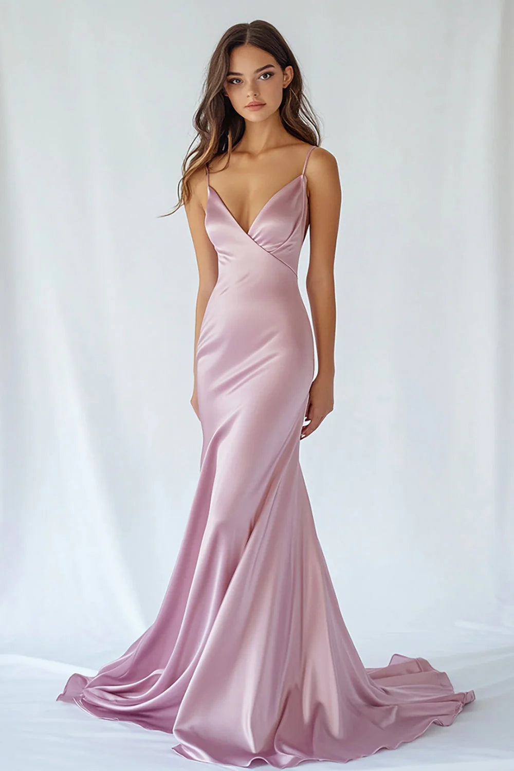 Pink Satin Mermaid V-Neck Spaghetti Straps Long Prom Dress