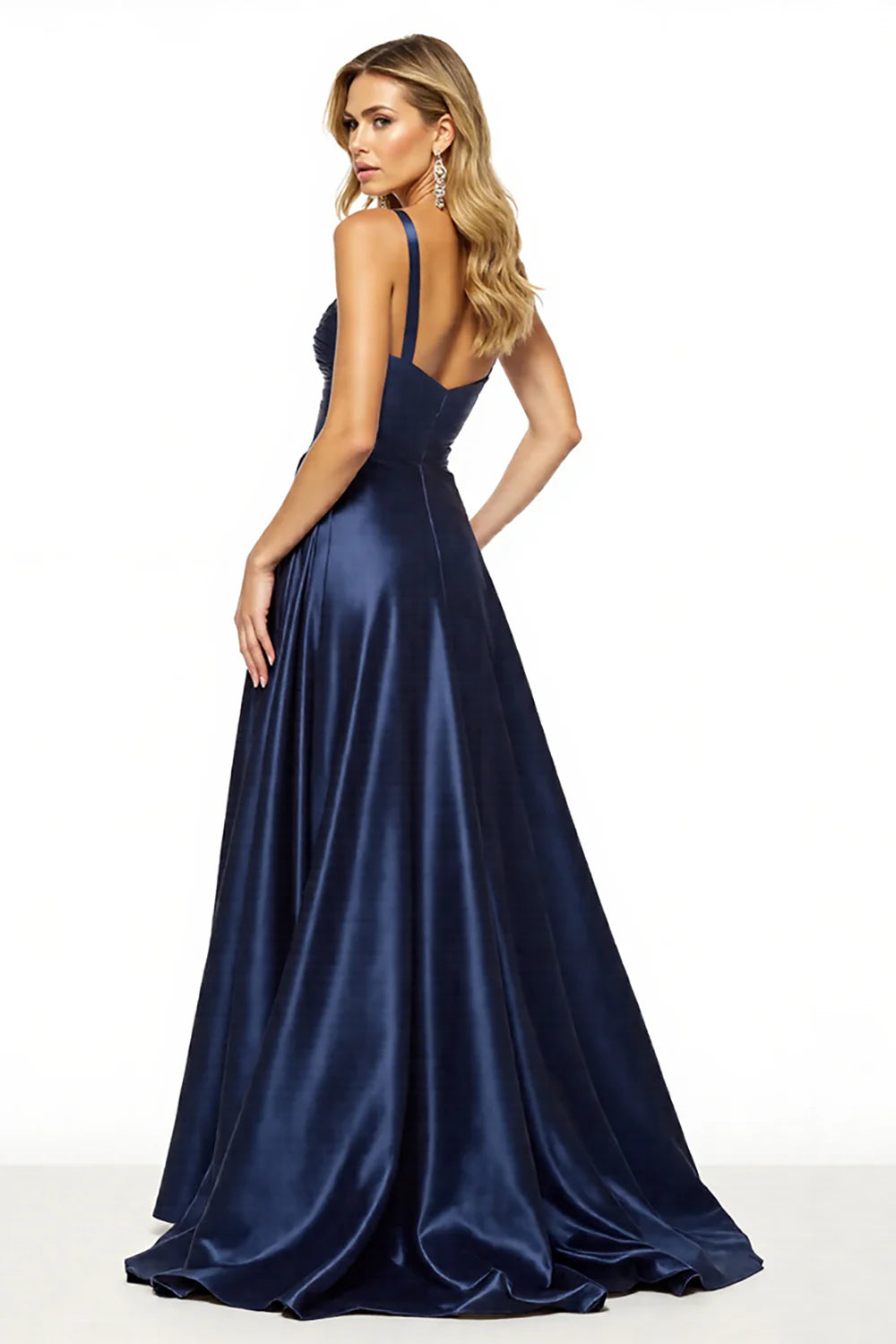 Navy Satin A Line Spaghetti Straps Long Full Of Charm Evening Dresses