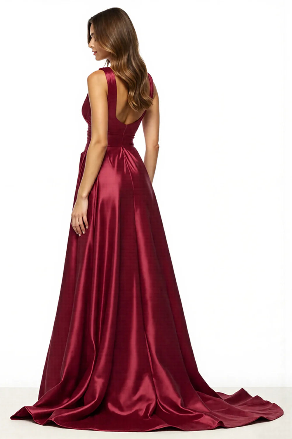 Satin Burgundy V-Neck A Line Long Full Of Charm Evening Dresses