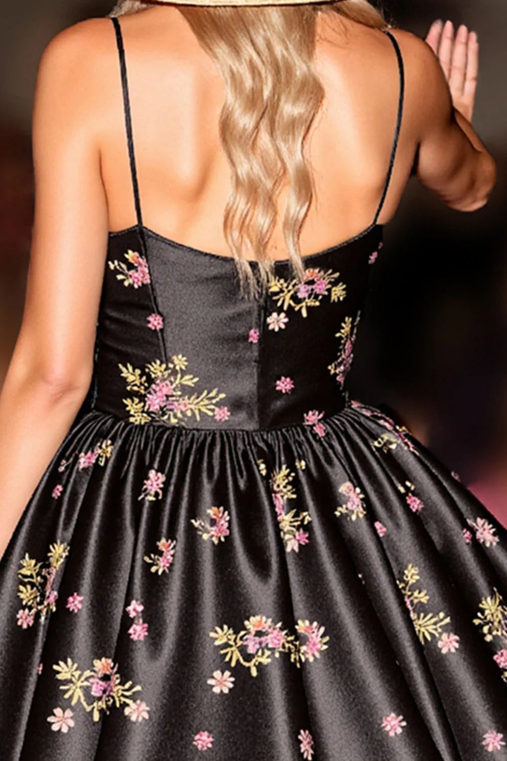 Black Satin Corset Floral A Line Short Homecoming Dress