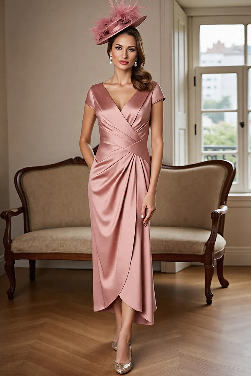 Dusty Rose Sheath Satin V-Neck Long Ruched Full Of Charm Mother of Bride Dress