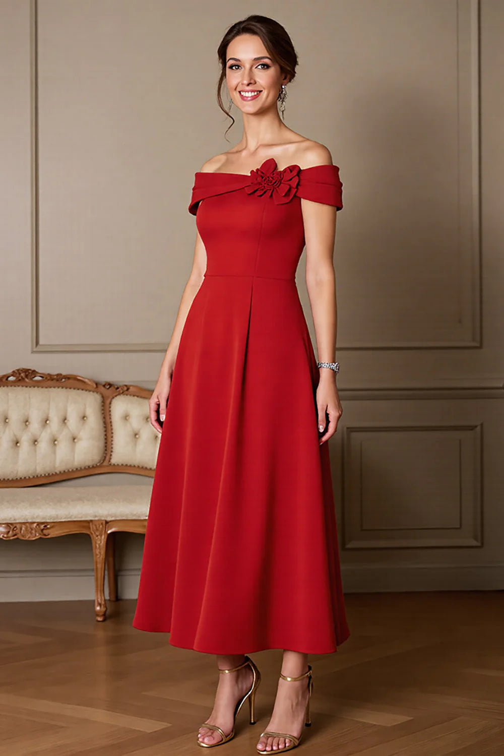 Dark Red A Line Off the Shoulder Long Full Of Charm Mother of Bride Dress