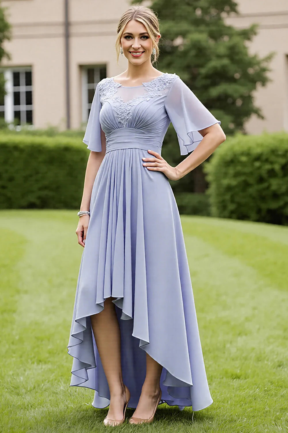 Grey Blue Chiffon A Line High-Low Full Of Charm Mother of Bride Dress
