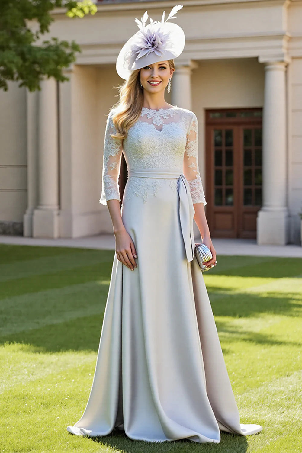 Silver A Line Illusion Neck Long Satin Full Of Charm Mother of Bride Dress