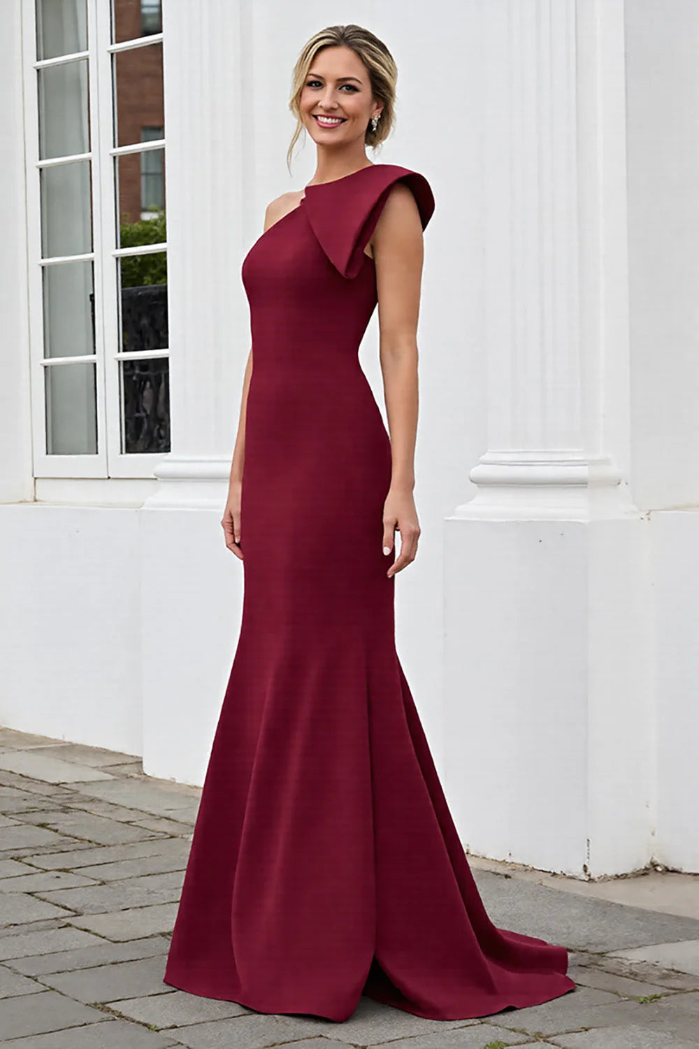 Burgundy Mermaid One Shoulder Long Satin Full Of Charm Mother of Bride Dress