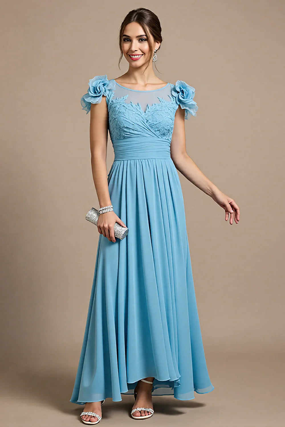 Sky Blue Chiffon Long Floral Full Of Charm Mother of the Bride Dresses