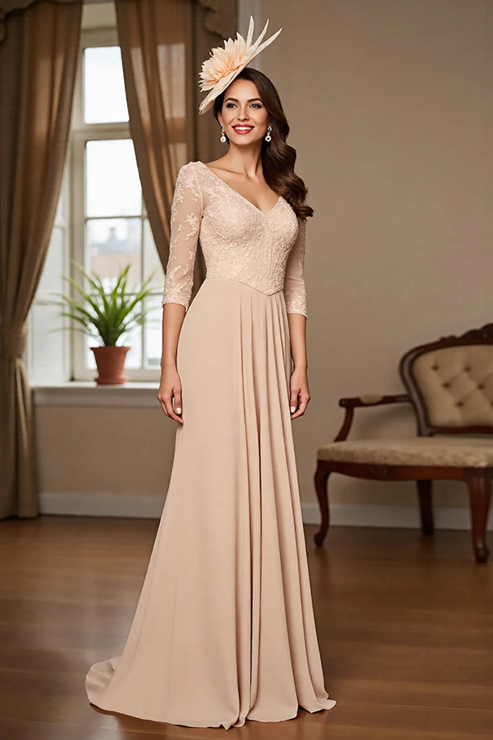 Apricot Satin A Line Long Full Of Charm Mother of the Bride Dresses