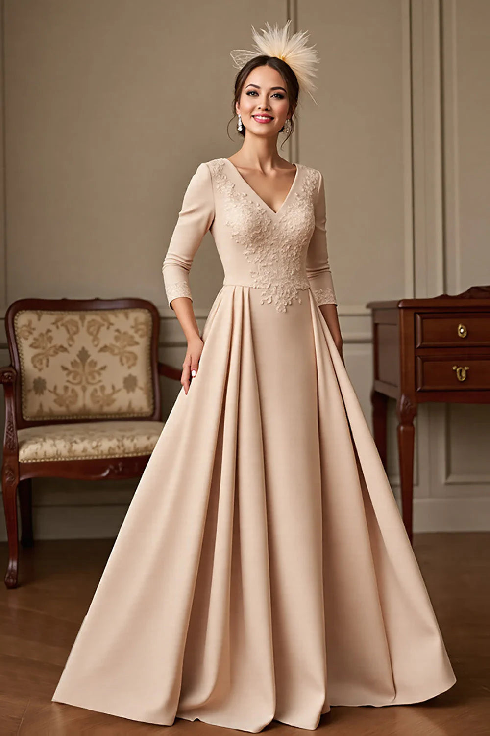 Apricot Satin A Line V-Neck Long Full Of Charm Mother of Bride Dress