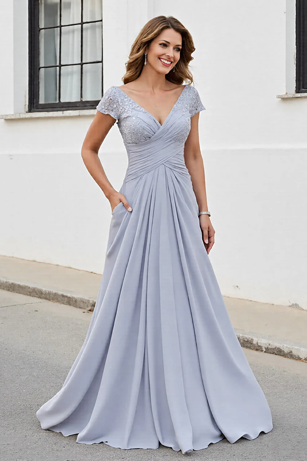 Silver Chiffon A Line Long V-Neck Full Of Charm Mother of Bride Dress