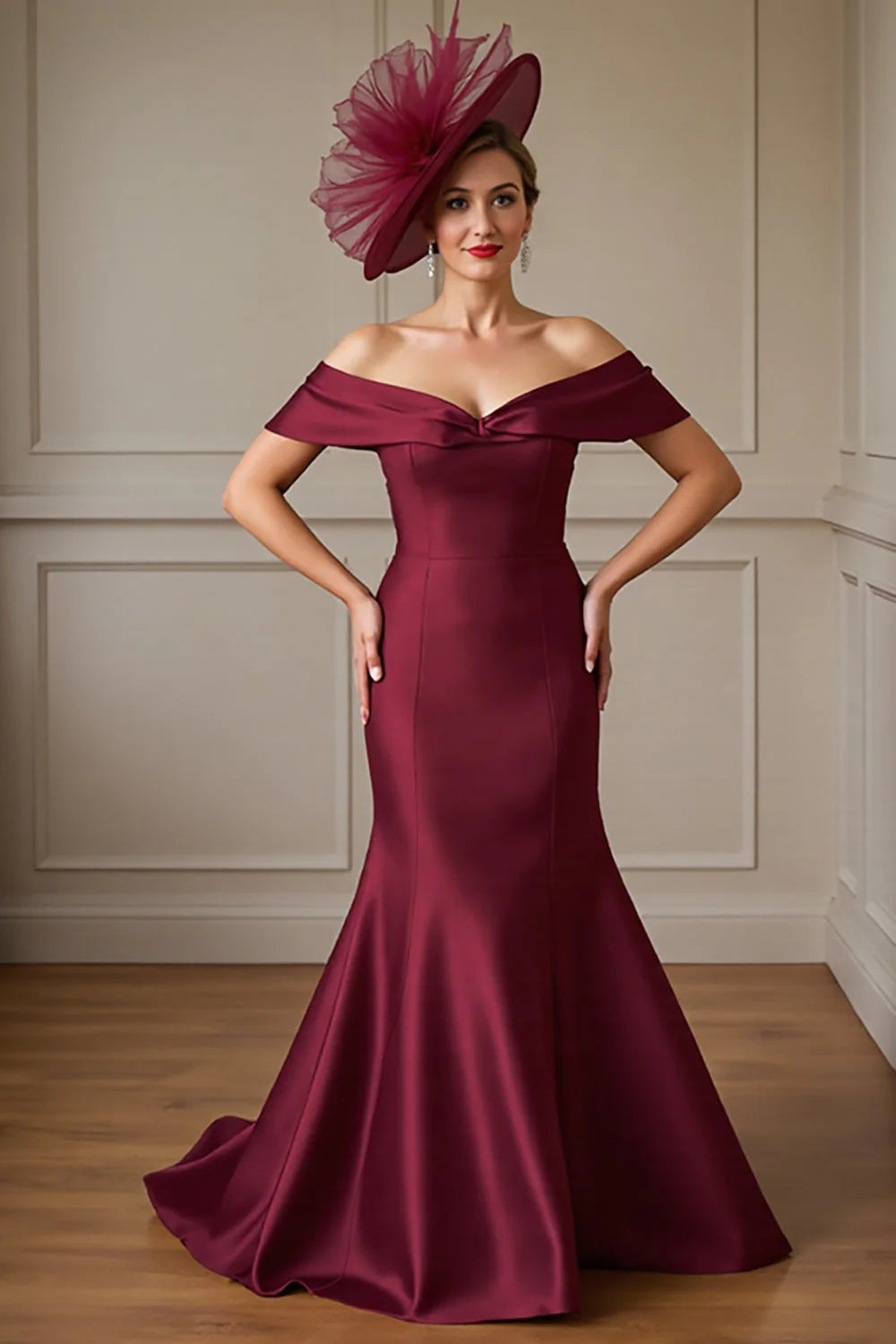 Burgundy Satin Mermaid Off the Shoulder Long Full Of Charm Mother of Bride Dress