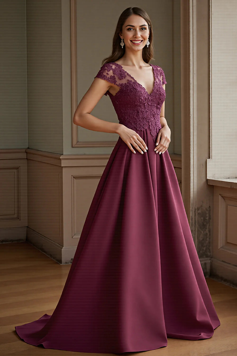 Lilac Satin A Line V-Neck Long Full Of Charm Mother of Bride Dress