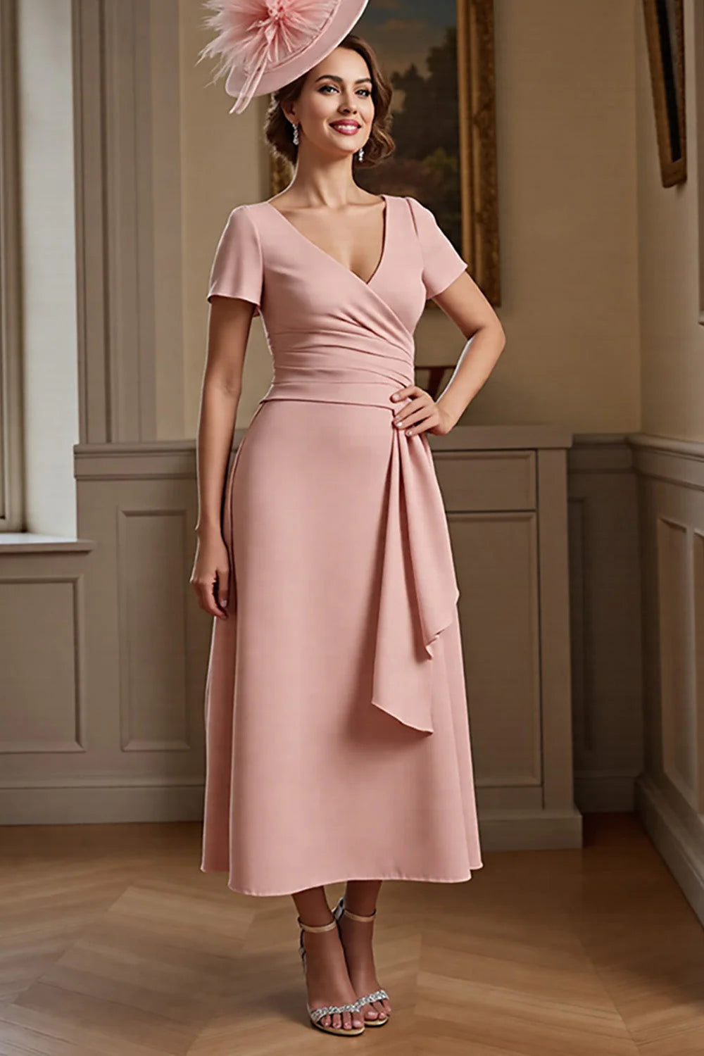 Dusty Rose V-Neck Satin Long Full Of Charm Mother of Bride Dress