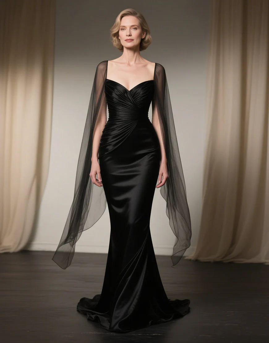 Black Satin Long Mermaid Full Of Charm Mother of Bride Dress