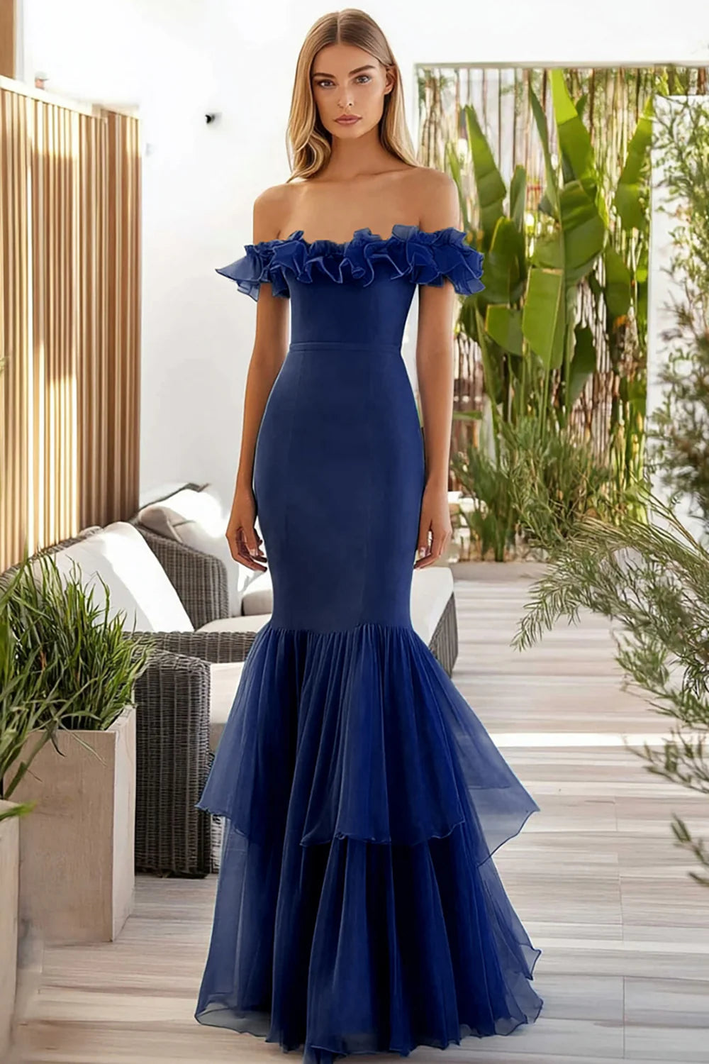 Navy Mermaid Off the Shoulder Ruffles Long Full Of Charm Evening Dresses