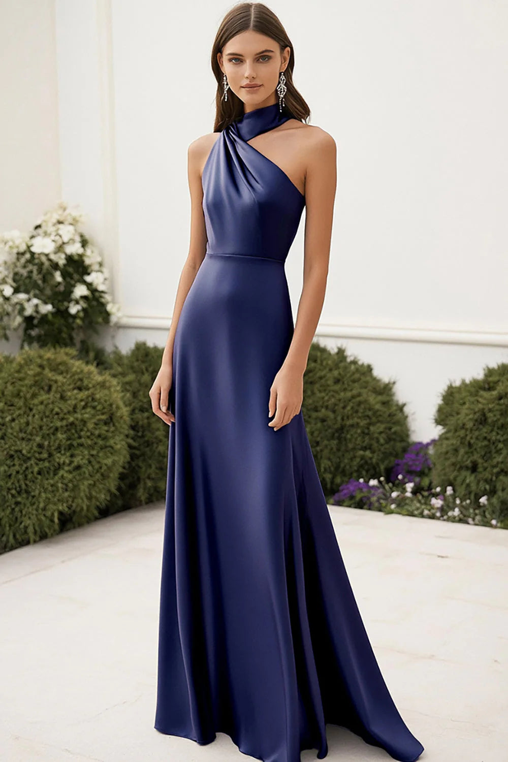 Navy Satin Halter A Line Ruched Long Full Of Charm Evening Dresses