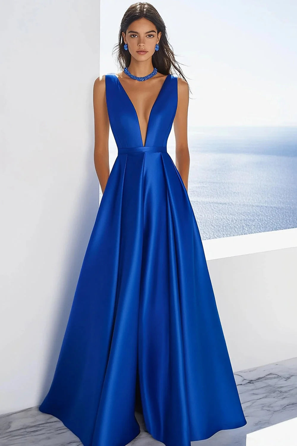 Royal Blue Satin Deep V-Neck A Line Long Evening Dresses