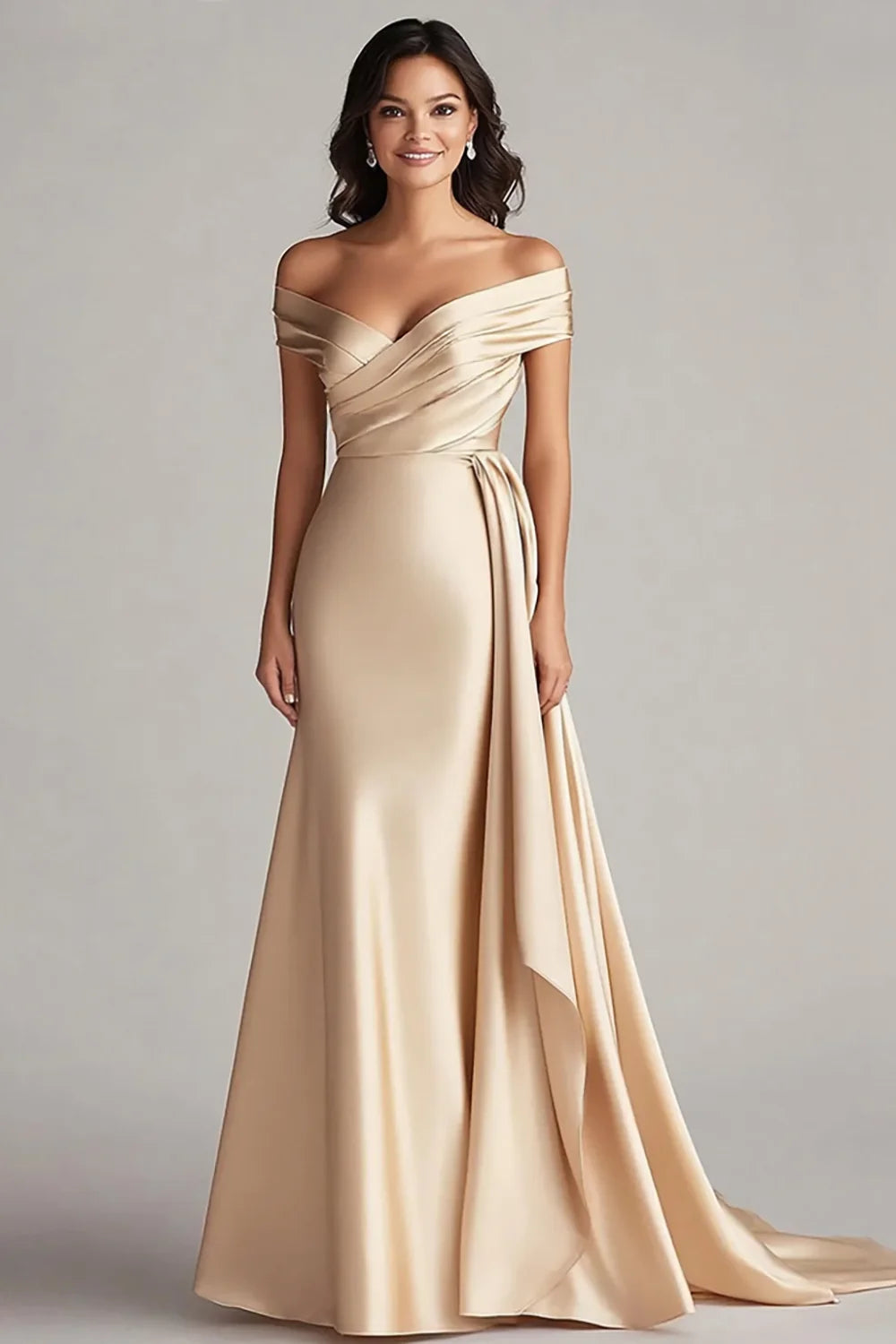 Champagne Satin Off the Shoulder Mermaid Long  Full Of Charm Mother of the Bride Dresses