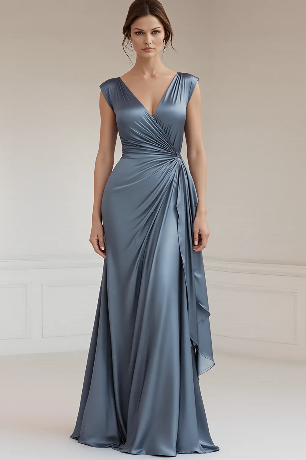 Grey Blue V-Neck Sheath Long Ruched Full Of Charm Evening Dresses
