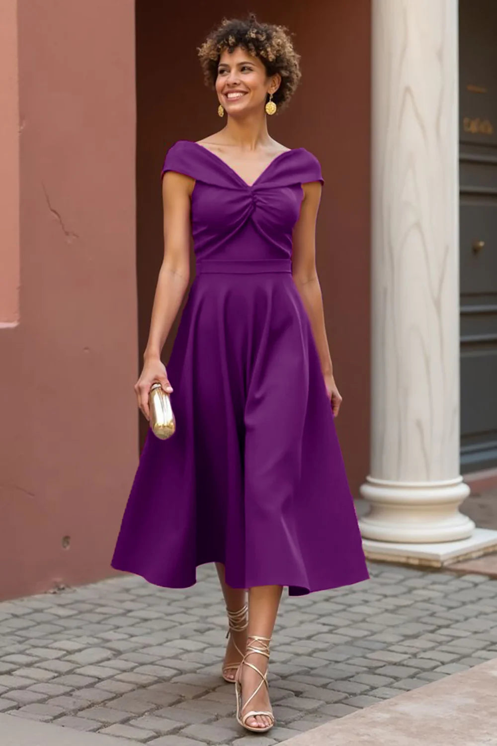 Fuchsia A Line Satin V-Neck Midi Full Of Charm Mother of Bride Dress