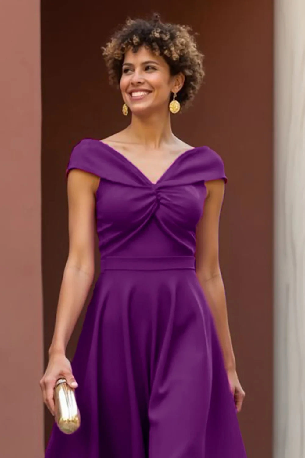 Fuchsia A Line Satin V-Neck Midi Full Of Charm Mother of Bride Dress