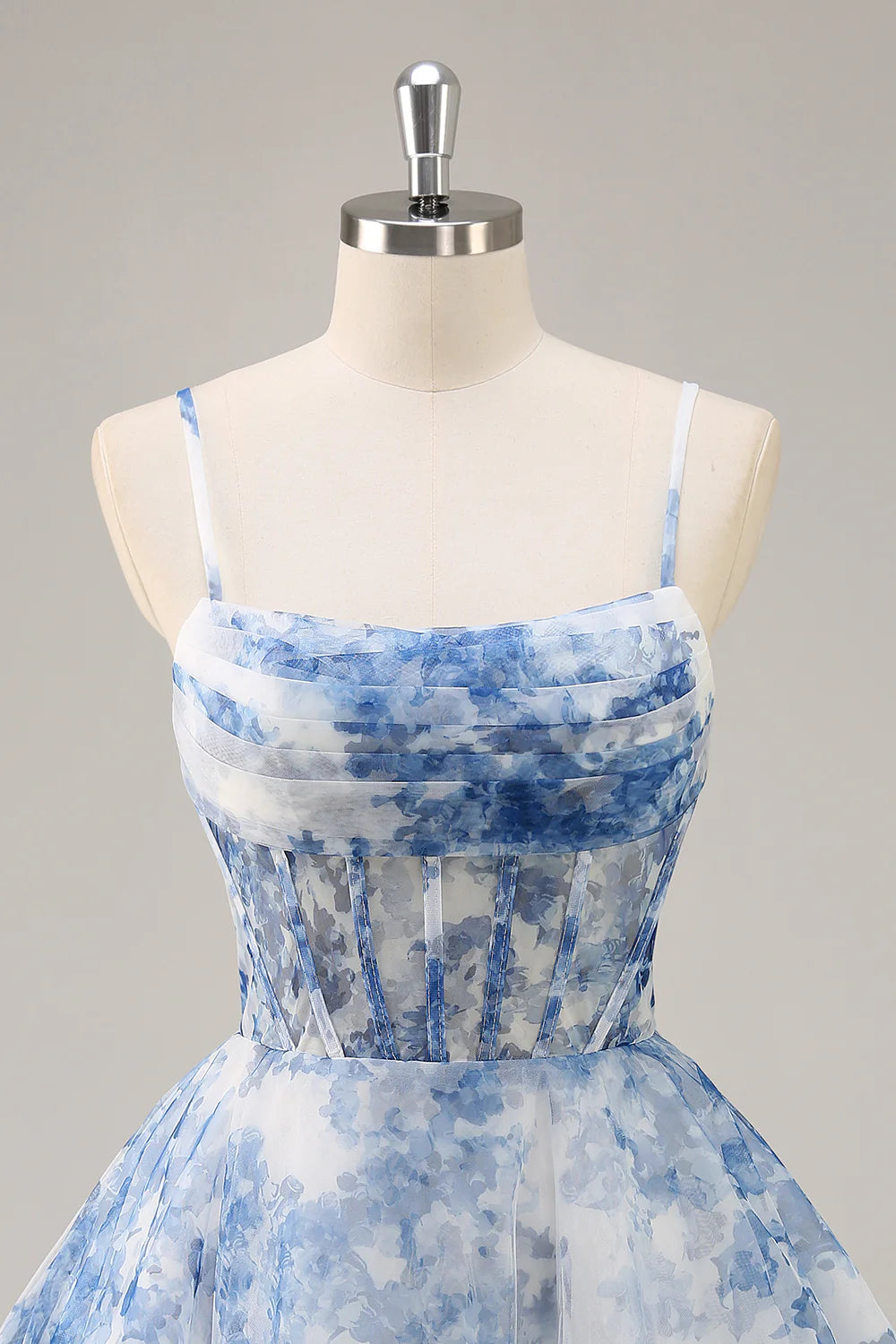 White and Blue Corset Floral Ruched Short Full Of Charm Homecoing Dress