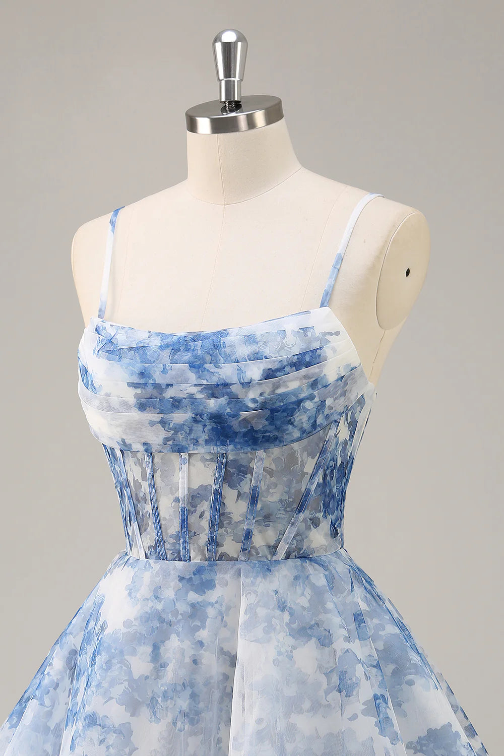 White and Blue Corset Floral Ruched Short Full Of Charm Homecoing Dress