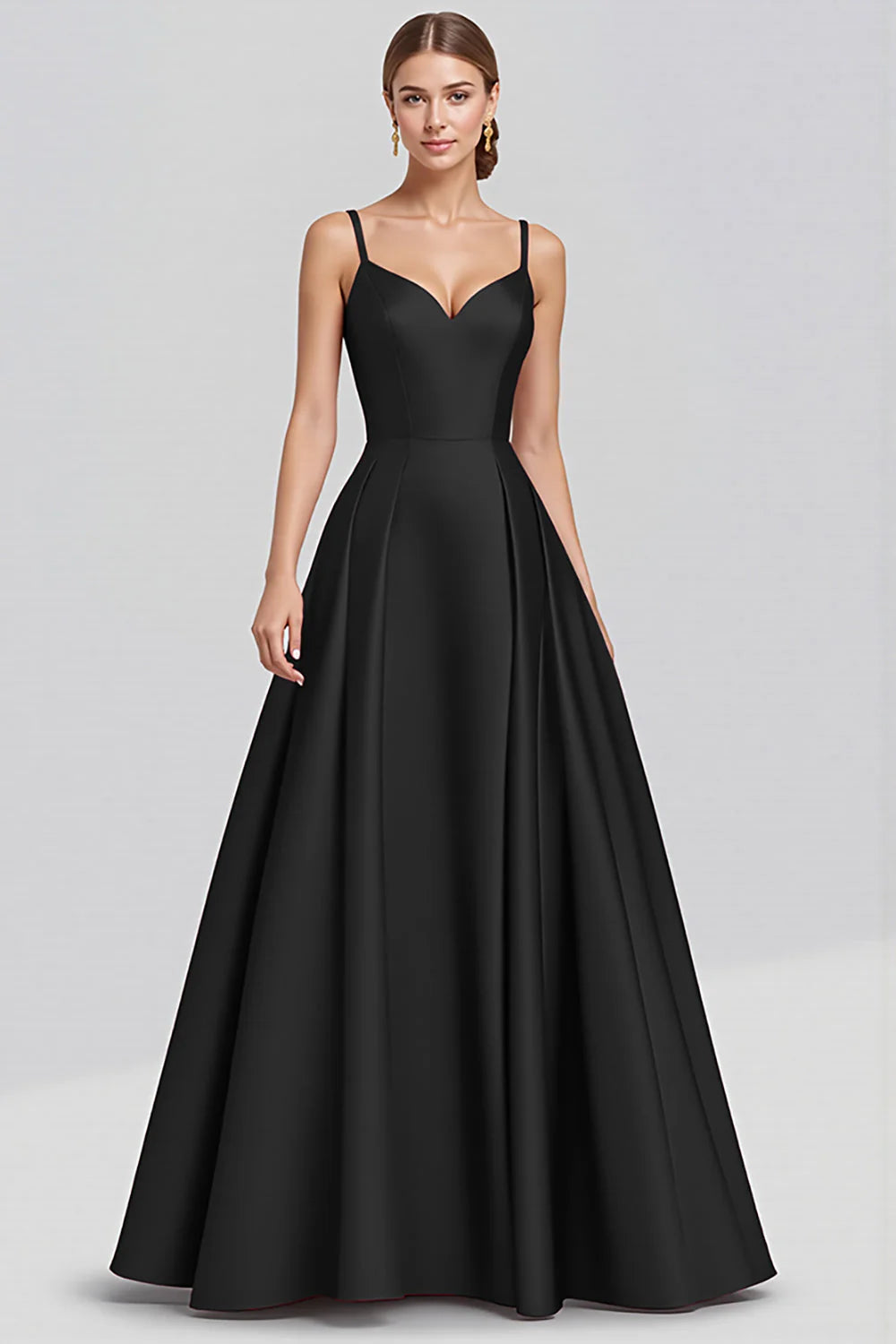Black Satin A Line Spaghetti Straps Long Full Of Charm Evening Dresses