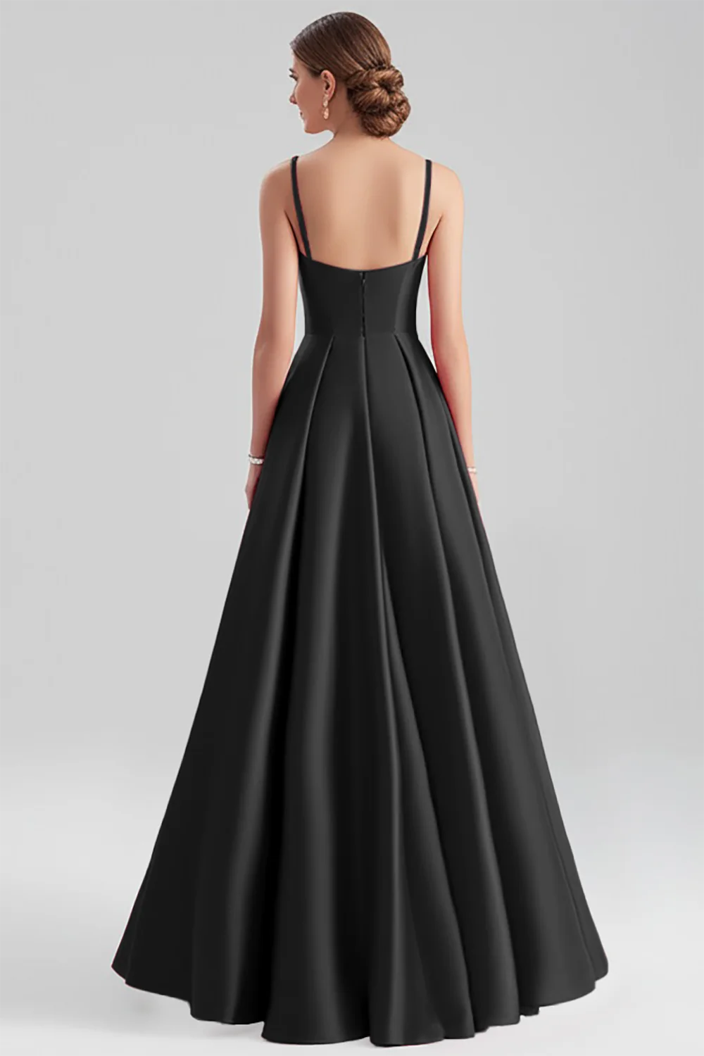 Black Satin A Line Spaghetti Straps Long Full Of Charm Evening Dresses