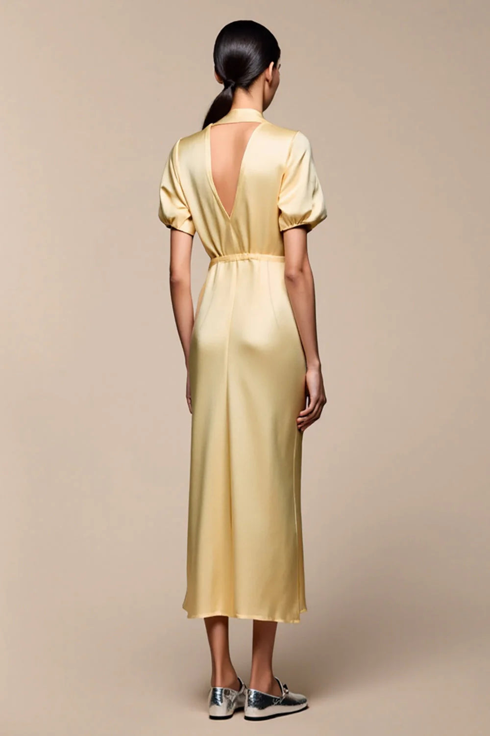 Yellow Shawl Lapel Sheath Wedding Guest Dress with Sleeves