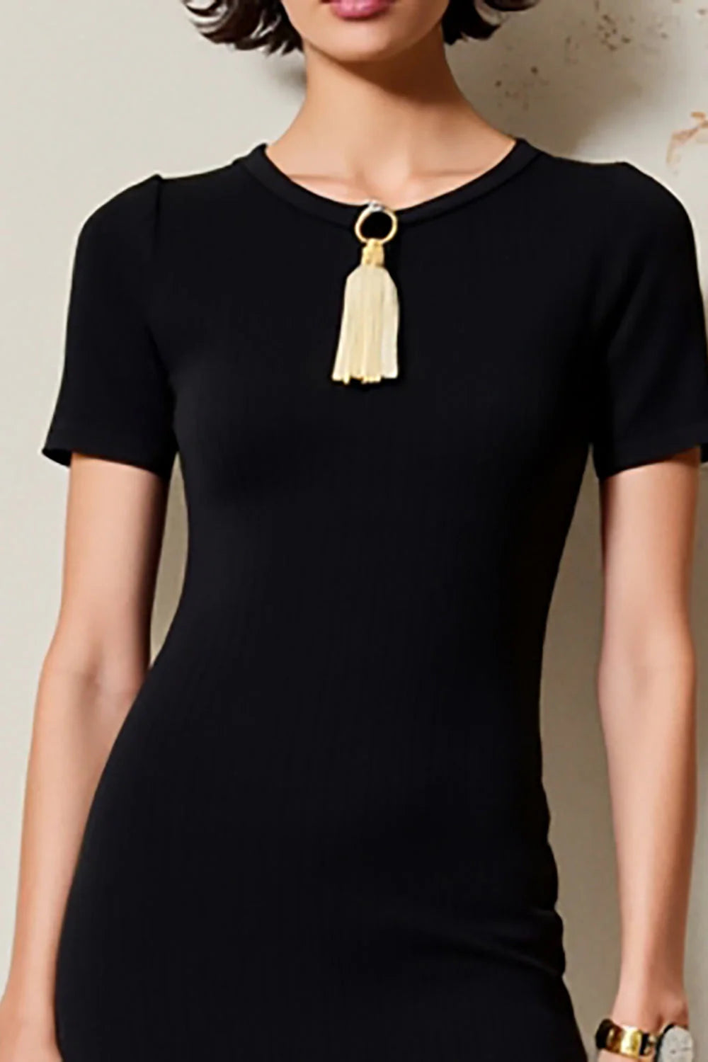 Simple Black Round Neck Midi Wedding Guest Dress with Short Sleeves