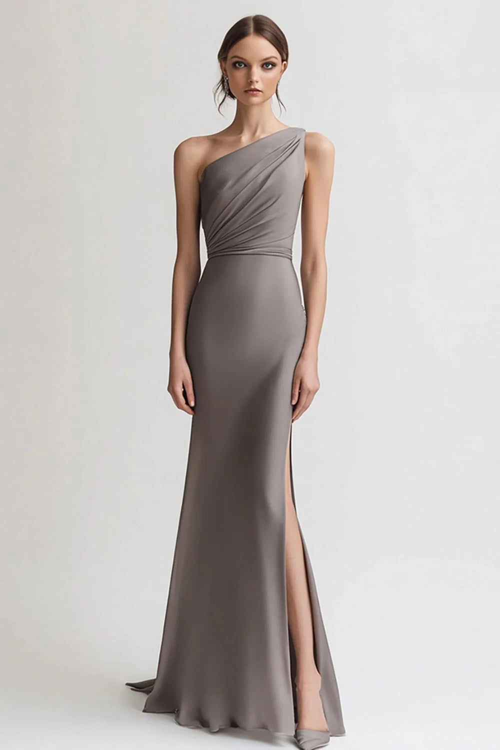 Grey One Shoulder Sheath Satin Long Full Of Charm Evening Dresses