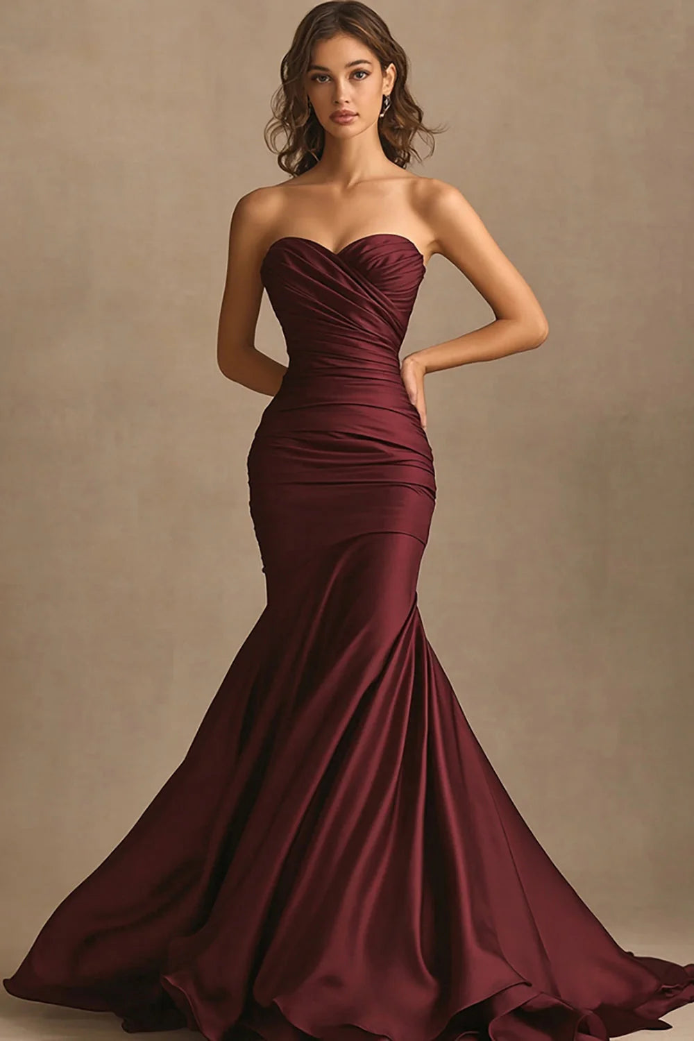Burgundy Satin Sweetheart Long Mermaid Full Of Charm Evening Dresses
