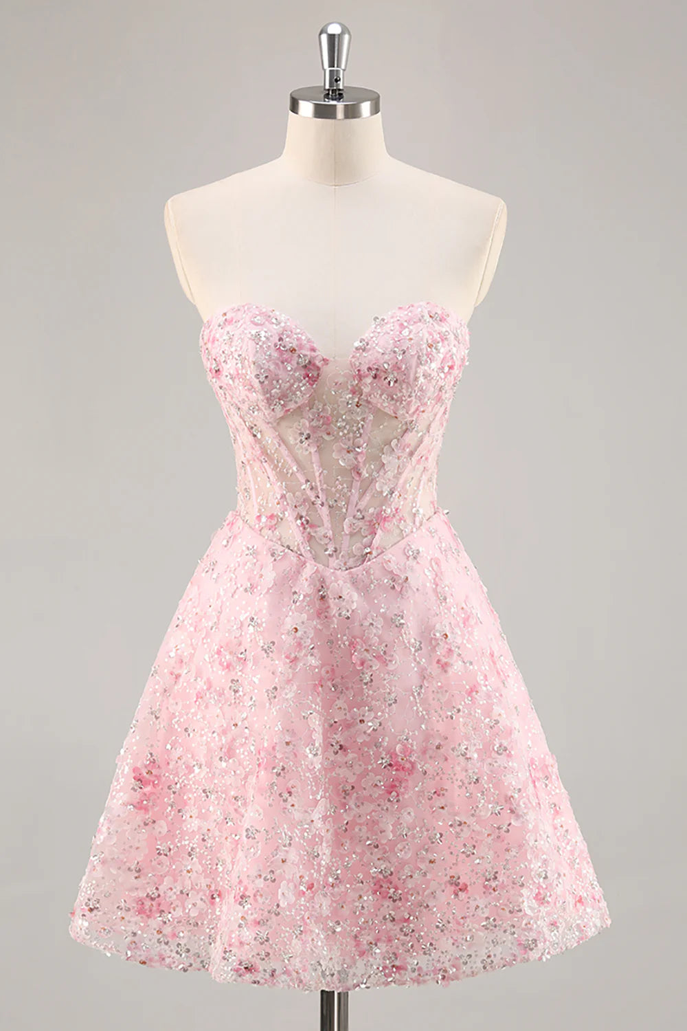 Sparkly Pink Corset Floral Sweetheart Short Full Of Charm Homecoing Dress
