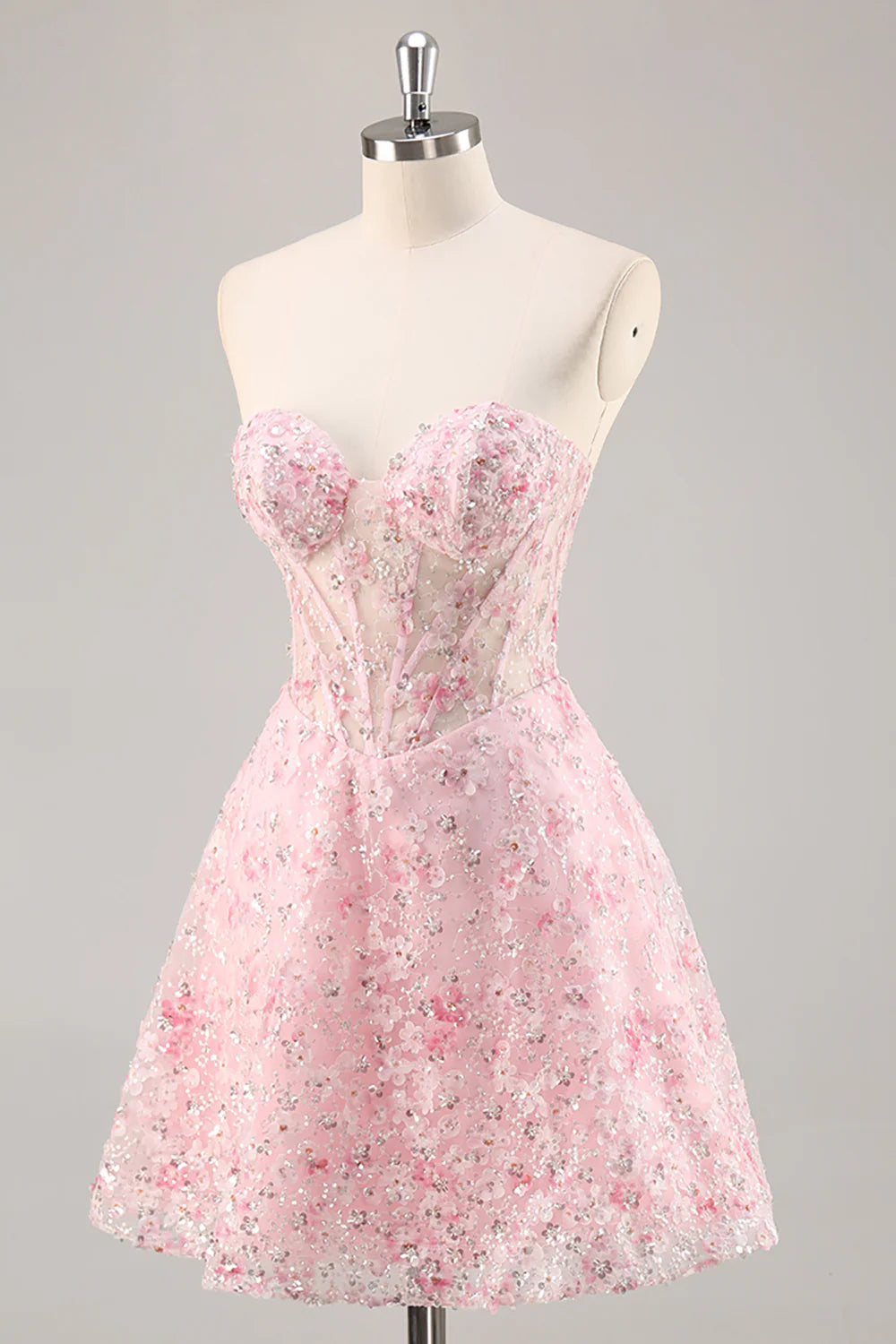 Sparkly Pink Corset Floral Sweetheart Short Full Of Charm Homecoing Dress